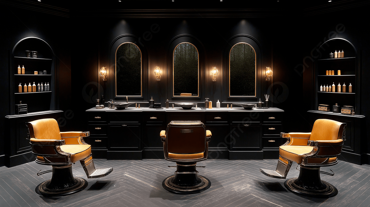 Interior premium de Brother Barber Shop con sillones de cuero y espejos dorados